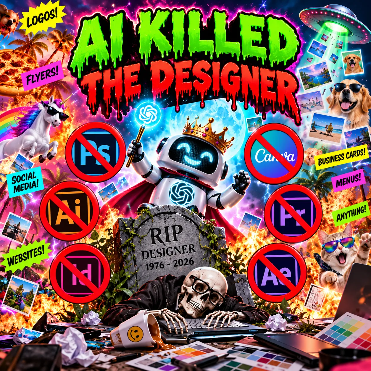 AI Killed the Designer illustration: a crowned robot over a designer's gravestone, surrounded by crossed-out design app icons